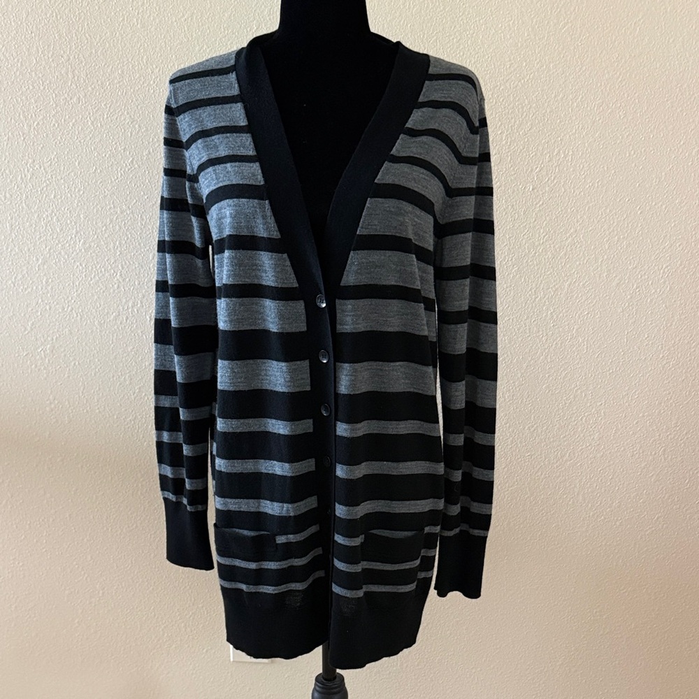 Halogen Striped Black & Gray Wool Blend Knit Cardigan